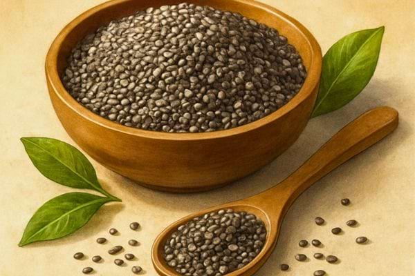 Un bol en bois contient des graines de chia. Une cuillere et des feuilles vertes l accompagnent.