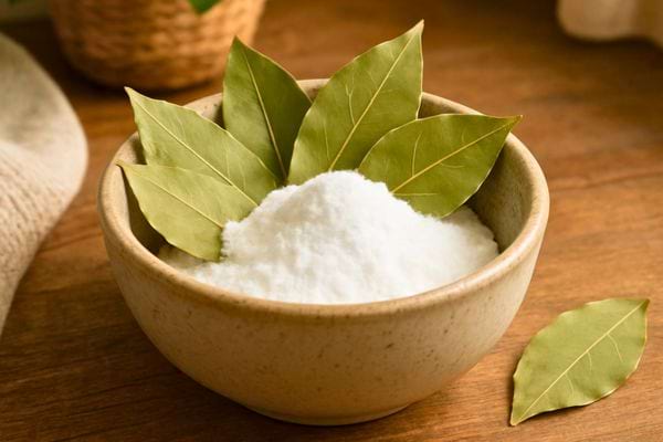 Bol en ceramique contenant du sel et des feuilles de laurier utilise pour deodoriser.