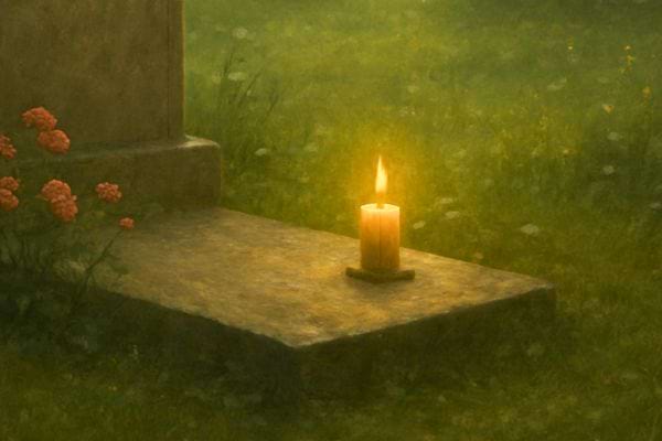 bougie allumee posee sur une pierre tombale symbolisant le souvenir et le recueillement