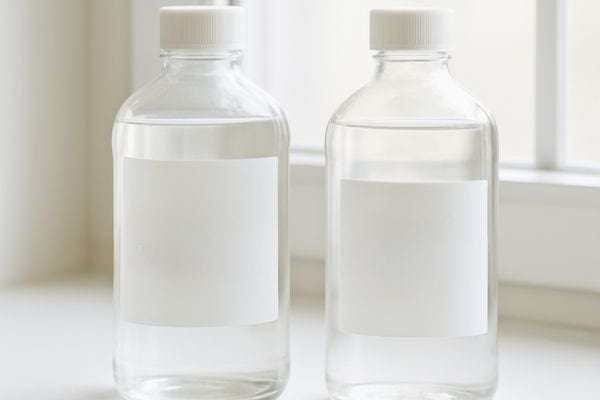 Deux flacons en plastique transparents avec etiquette blanche poses pres dune fenetre lumineuse.