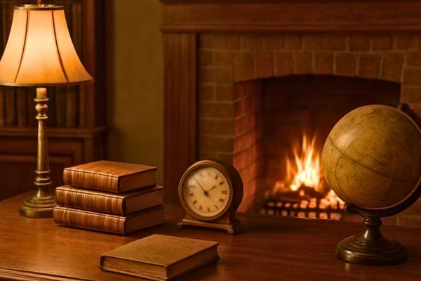piece chaleureuse avec livres horloge globe et cheminee allumee ambiance etude classique