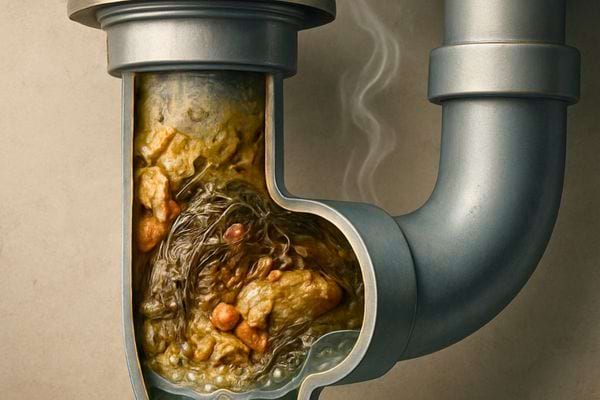 Une canalisation est obstruee par des graisses et des dechets. La scene illustre un bouchon important.