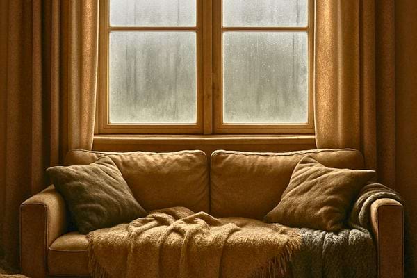 Un canape est place devant une fenetre avec condensation creant une ambiance cocooning.