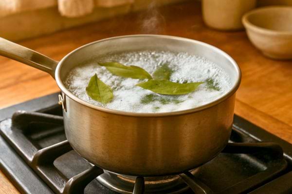 Casserole sur gaz avec eau en ebullition et feuilles de laurier qui infusent pour une preparation maison.
