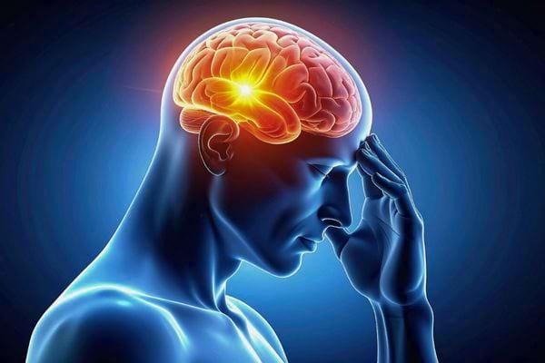 Un homme tient sa tete tandis que son cerveau est illumine. L image evoque stress douleur ou surcharge mentale.