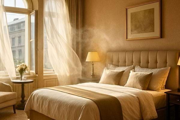 Une chambre lumineuse est aeree avec des rideaux qui laissent passer l air et la lumiere.