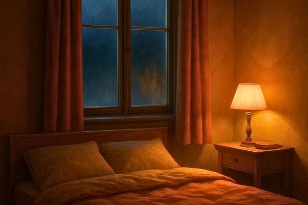 Une chambre eclairee par une lampe montre une fenetre humide. L ambiance suggere froid condensation et manque d aeration.