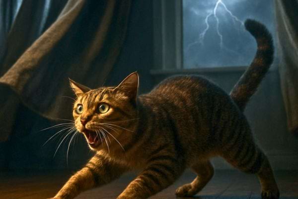 un chat herisse les poils et feule pendant un orage visible par la fenetre