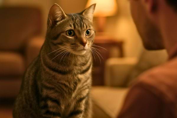 Un chat tigré est assis et observe attentivement un homme assis en face de lui.