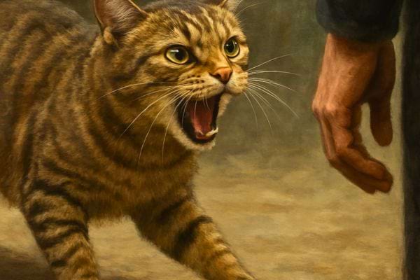 un chat ouvre la bouche et menace une main humaine qui s approche
