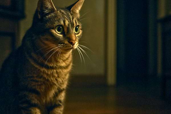 un chat regarde fixement quelque chose hors champ dans une piece sombre