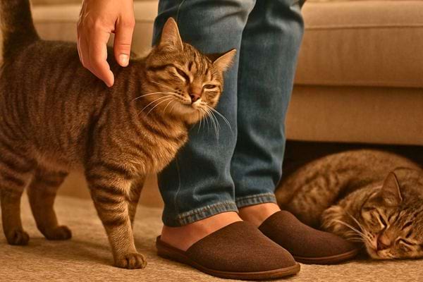Un chat se frotte contre une jambe humaine. Un autre chat repose au sol dans une ambiance de confiance.