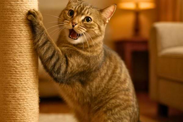 Un chat griffe vigoureusement un arbre a chat et miaule avec la gueule ouverte dans le salon.