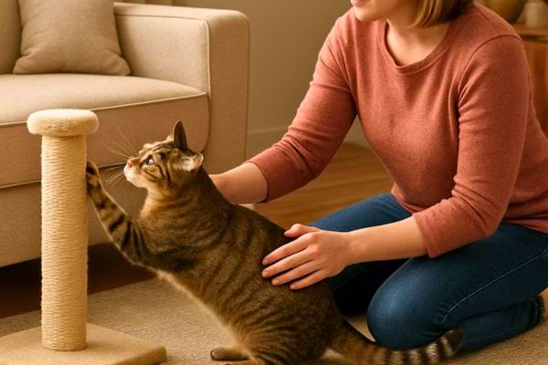 Un chat griffe un poteau en sisal pendant qu une personne l encourage a jouer a l interieur.