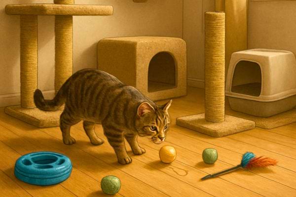 Un chat explore des jouets color&eacute;s au sol dans un espace avec arbre a chat et accessoires.