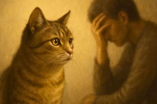 Un chat regarde un homme pensif qui se tient la tete dans une scene melancolique.