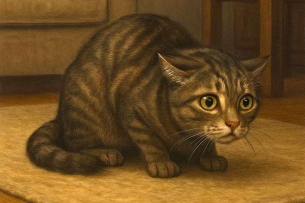 un chat apeure est accroupi au sol avec les oreilles plaquees en arriere