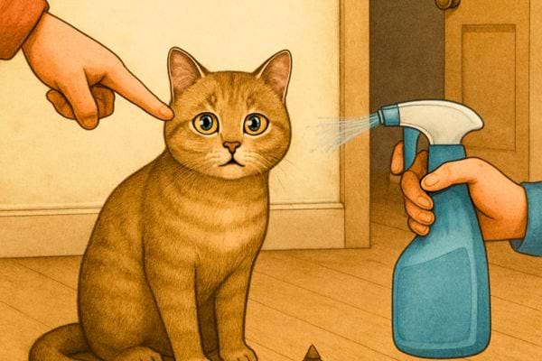 Illustration montrant un chat surpris face a un spray d eau dirige vers lui par une main.