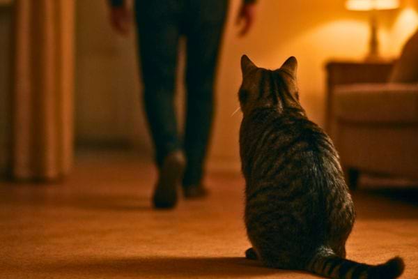 Un chat est assis au sol et regarde un homme sloigner dans une piece chaude.