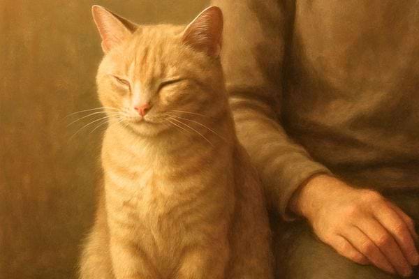 Un chat roux ferme les yeux pres d une personne. La scene degage une sensation de calme et de securite.