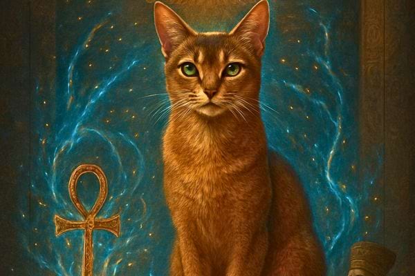 Un chat est assis face a un decor symbolique. Son regard est intense et l ambiance est mystique.