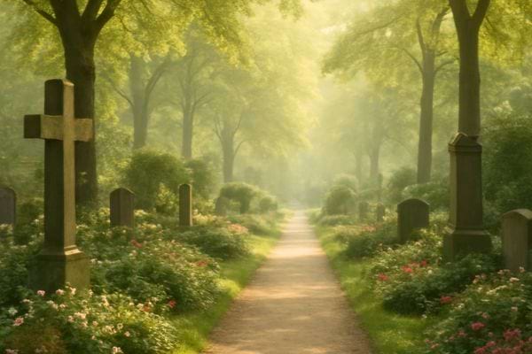 allee paisible bordee de tombes anciennes sous des arbres lumineux dans un cimetiere calme et verdoyant