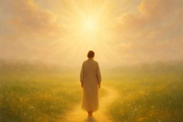 Une personne marche seule sur un sentier baigne de lumiere doree menant vers un horizon lumineux et paisible.