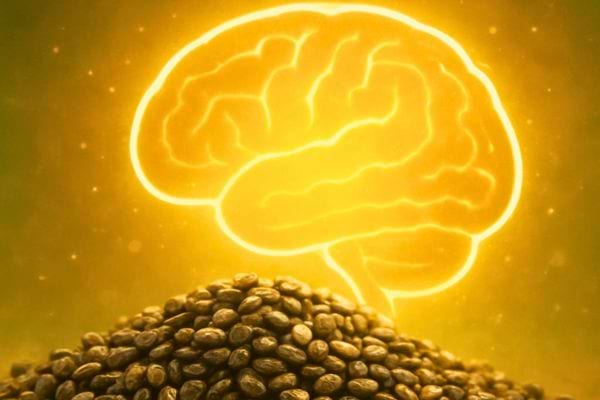 Un cerveau lumineux apparait au dessus de graines. L image symbolise les bienfaits cognitifs du chia.