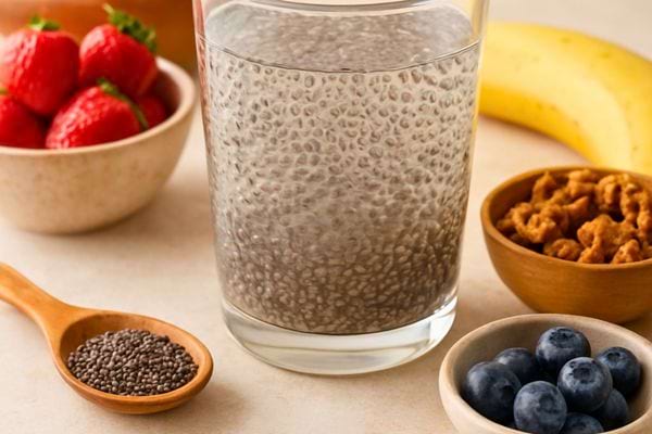 Un verre de chia pudding est entoure de fruits. La scene illustre un petit dejeuner sain.