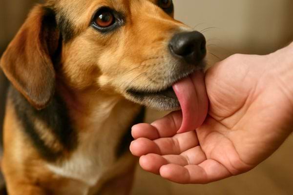 Un chien affectueux leche la main d une personne avec un regard doux et curieux