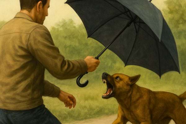Un homme utilise un parapluie pour se proteger d un chien qui montre les dents en exterieur.