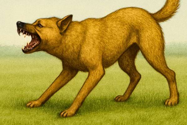 Un chien montre les dents et adopte une posture agressive sur une pelouse.