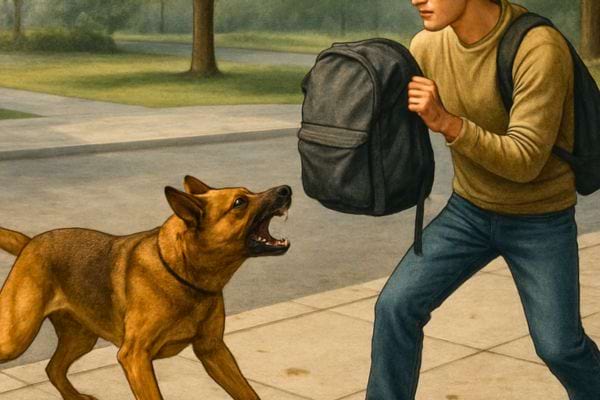 Un homme se defend avec un sac a dos face a un chien agressif sur un trottoir.