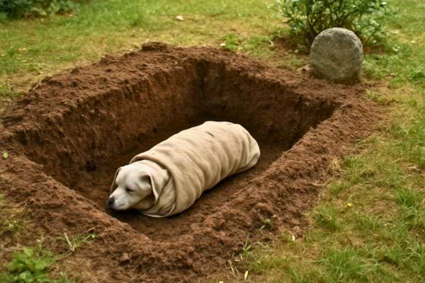  un chien enveloppe repose dans une fosse creusee dans un jardin pour un adieu intime