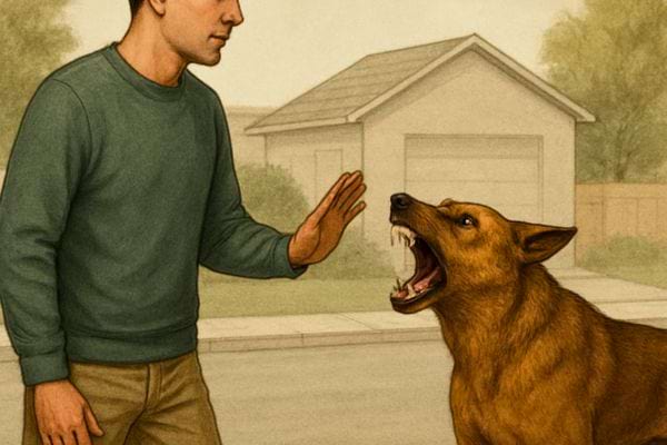 Un chien en position tendue aboie a distance face a un homme immobile dans la rue.