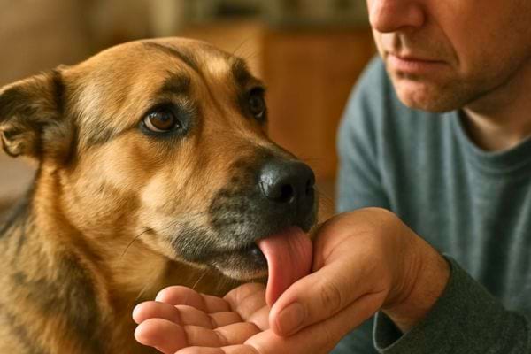 Un chien regarde un homme et leche sa main avec attention dans un moment de complicite
