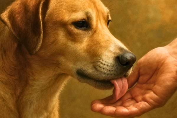 Un chien leve la langue pour lecher doucement la main ouverte d une personne dans une scene calme et intime