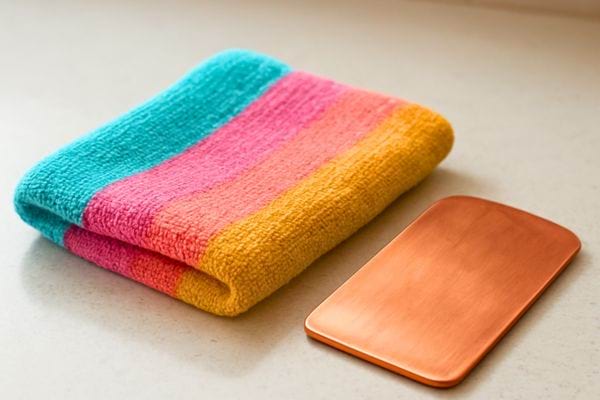 chiffon microfibre multicolore pose a cote d une plaque en cuivre sur un plan de travail clair