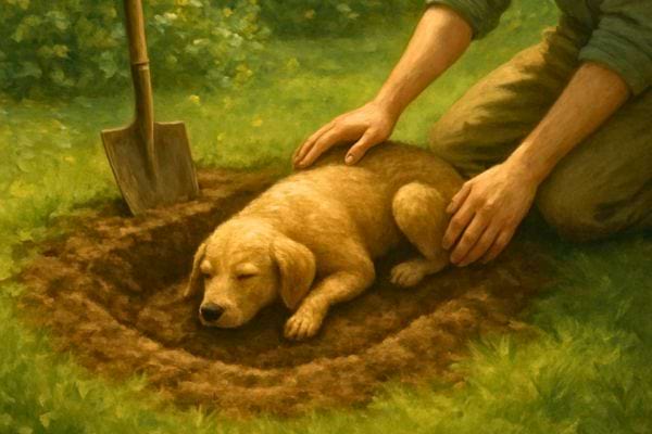 un chiot est delicatement pose dans la terre pendant un enterrement plein d emotion