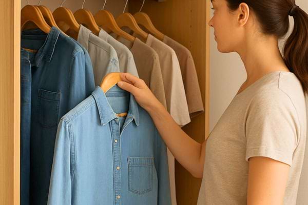 une femme choisit une chemise suspendue dans un placard bien range avec plusieurs vetements clairs