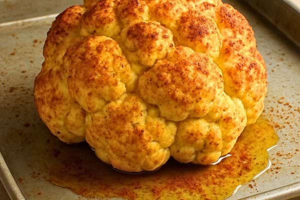 Un chou fleur entier roti est pose sur une plaque. Il est dore avec des epices et un filet d huile.