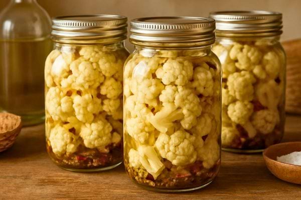Des bocaux contiennent du chou fleur marine. Les fleurettes baignent dans une saumure epicee.