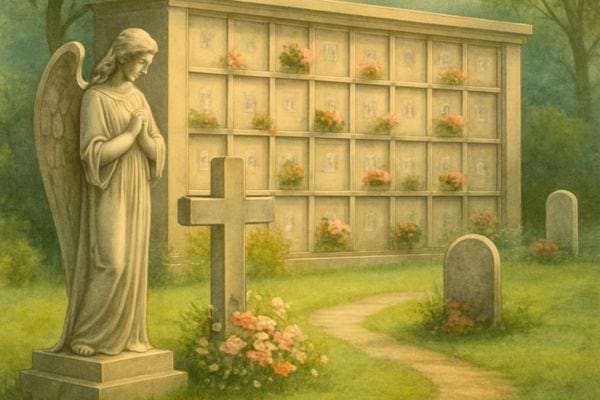 Statue d ange pres de tombes fleuries dans un cimetiere calme evoquant le recueillement et la memoire.