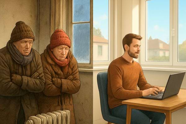 scene comparant une piece froide avec personnes grelottantes et un interieur chaud et confortable