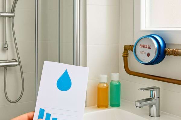 un compteur deau visible dans une salle de bain avec des produits poses pres du lavabo