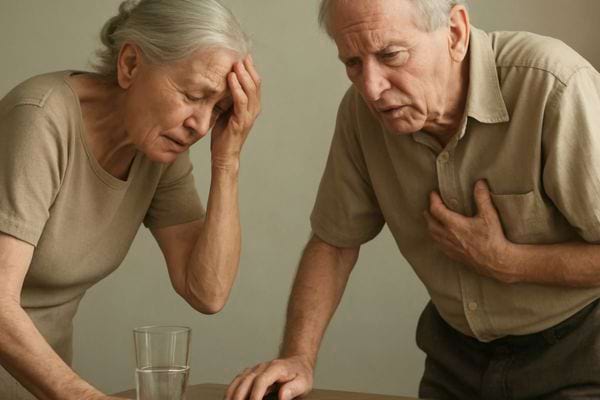 Un couple age semble en difficulte. La femme tient sa tete et l homme se tient la poitrine.
