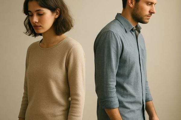 Un couple se tient dos a dos. Leurs regards baisses traduisent distance emotionnelle et conflit latent.