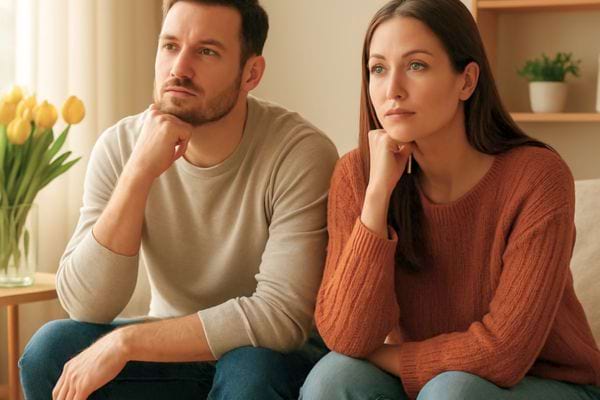 Un couple assis sur un canape regarde devant lui avec un air pensif et calme.