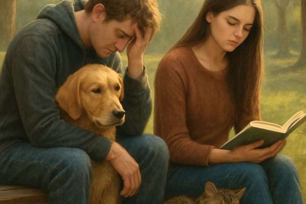 Jeune homme et jeune femme assis avec un chien l air soucieux pendant une lecture silencieuse en exterieur.