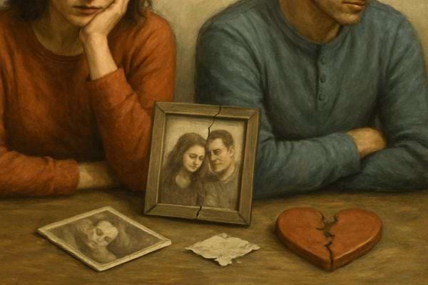 Un couple est separe autour d une photo cassee. Le coeur brise symbolise une rupture amoureuse douloureuse.